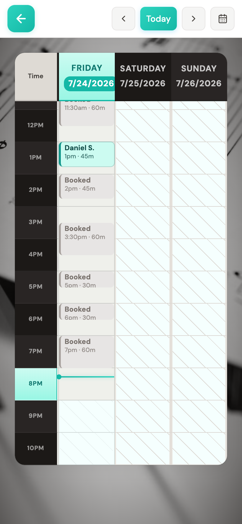 The family calendar: your own lesson shown by name, other families' times marked Booked