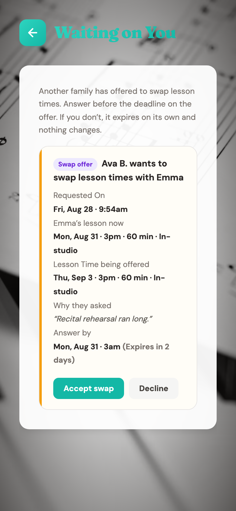 The Waiting on You screen showing a swap another family has offered, with accept and decline options